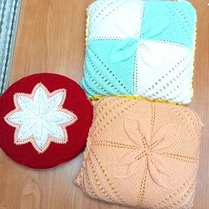 Set Of 3 Vintage 70s Granny Knit Throw Pillows Cottagecore Retro Boho Cabin